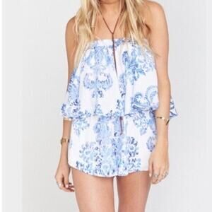 SHOW ME YOUR MUMU Rosarita Off Shoulder Romper Blue White XS